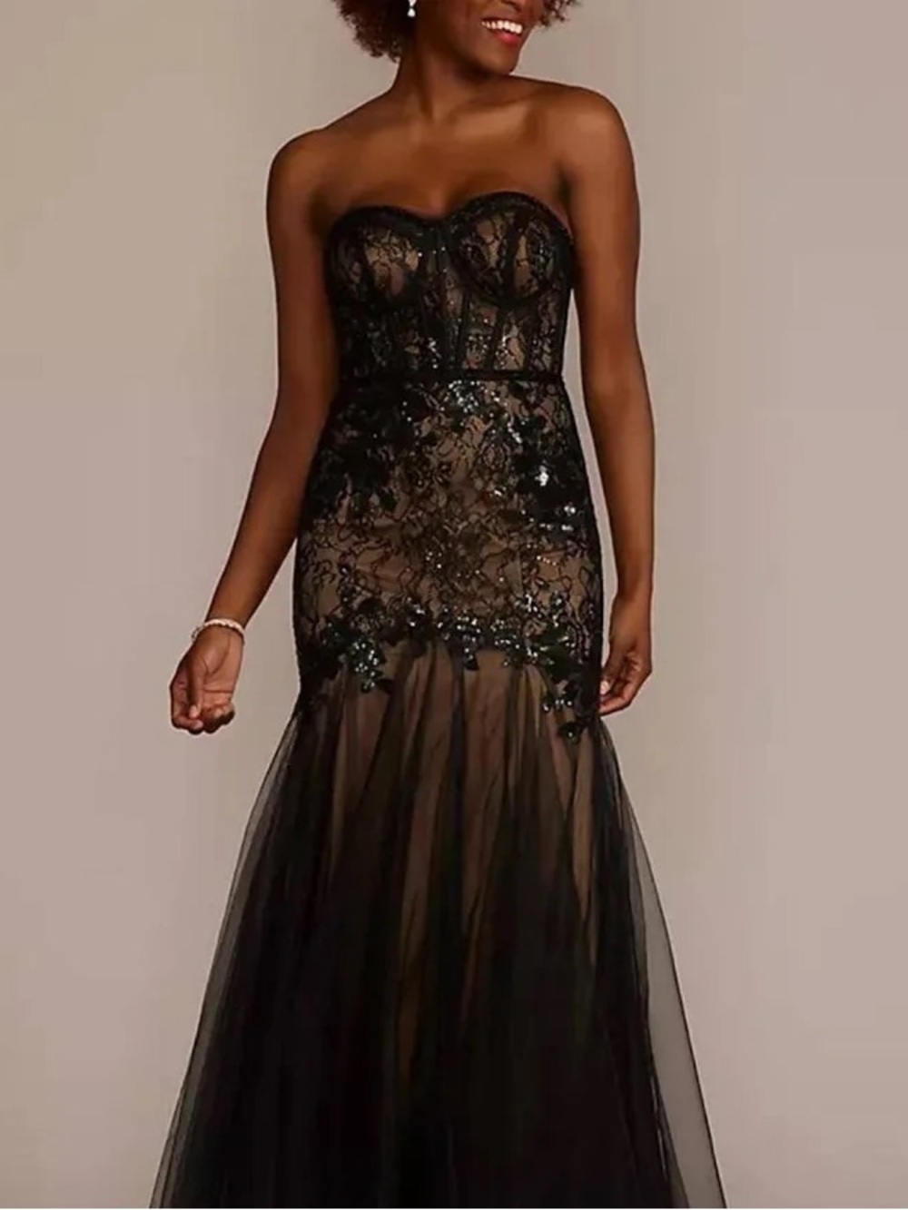 Galina Signature David’s Bridal Black Cornet Lace Mermaid Evening Dress